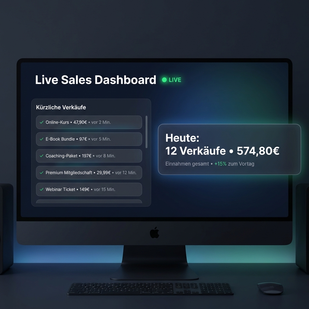 Live Sales Dashboard zeigt automatisierte Verkäufe: 12 Verkäufe heute, 574,80€ Umsatz