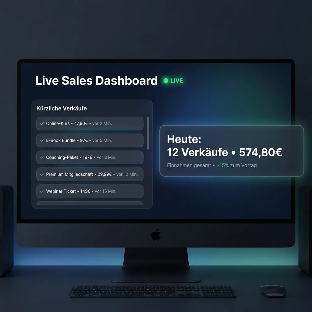 Live Sales Dashboard zeigt automatisierte Verkäufe: 12 Verkäufe heute, 574,80€ Umsatz